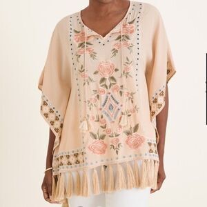 Chicos Rose Embroidered Poncho with fringe. NWT